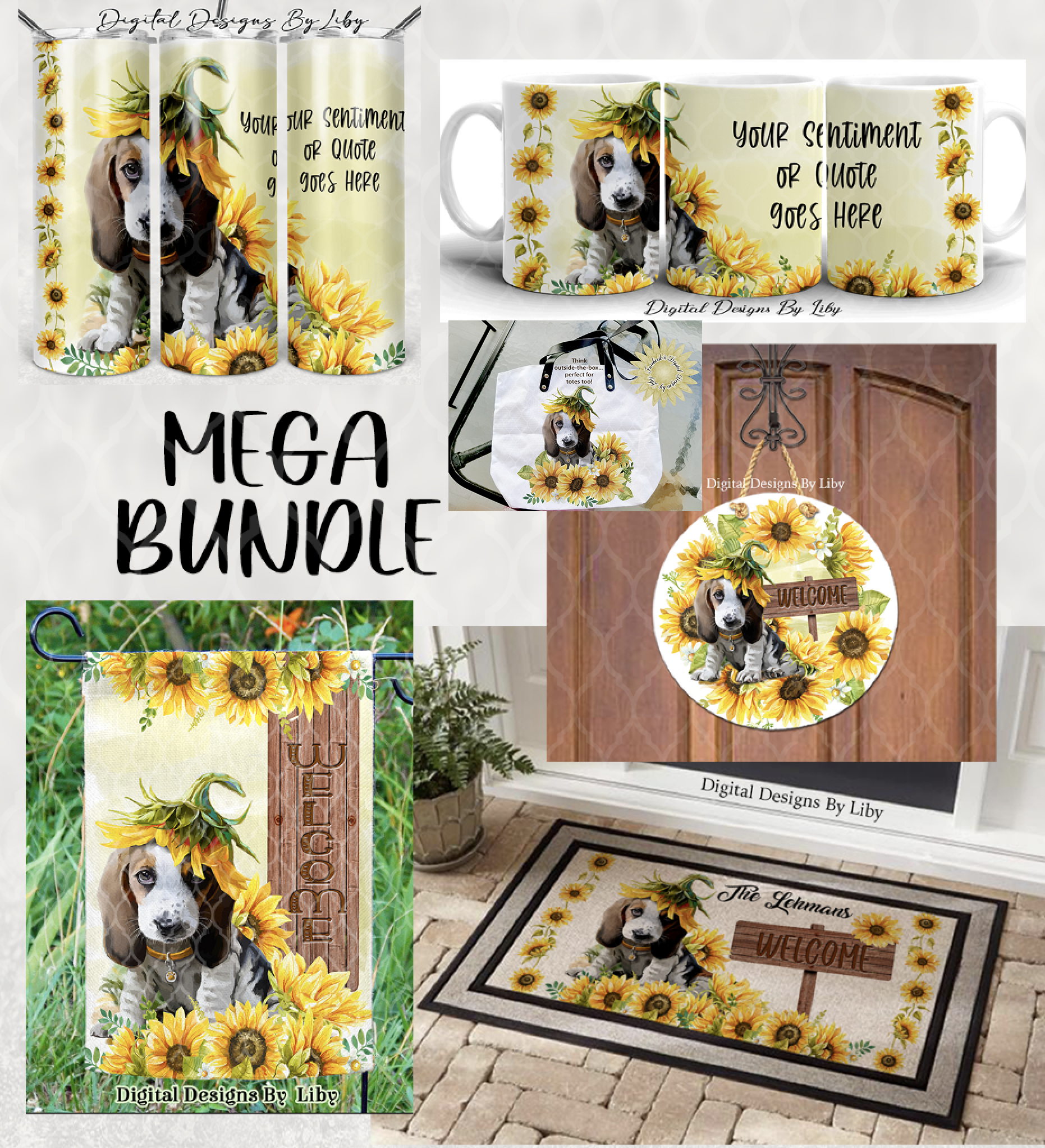 SUNFLOWER PUPPY BEAGLE MEGA BUNDLE (Skinny Tumbler, Mug, Door Mat,  Garden Flag, Door Sign & More))