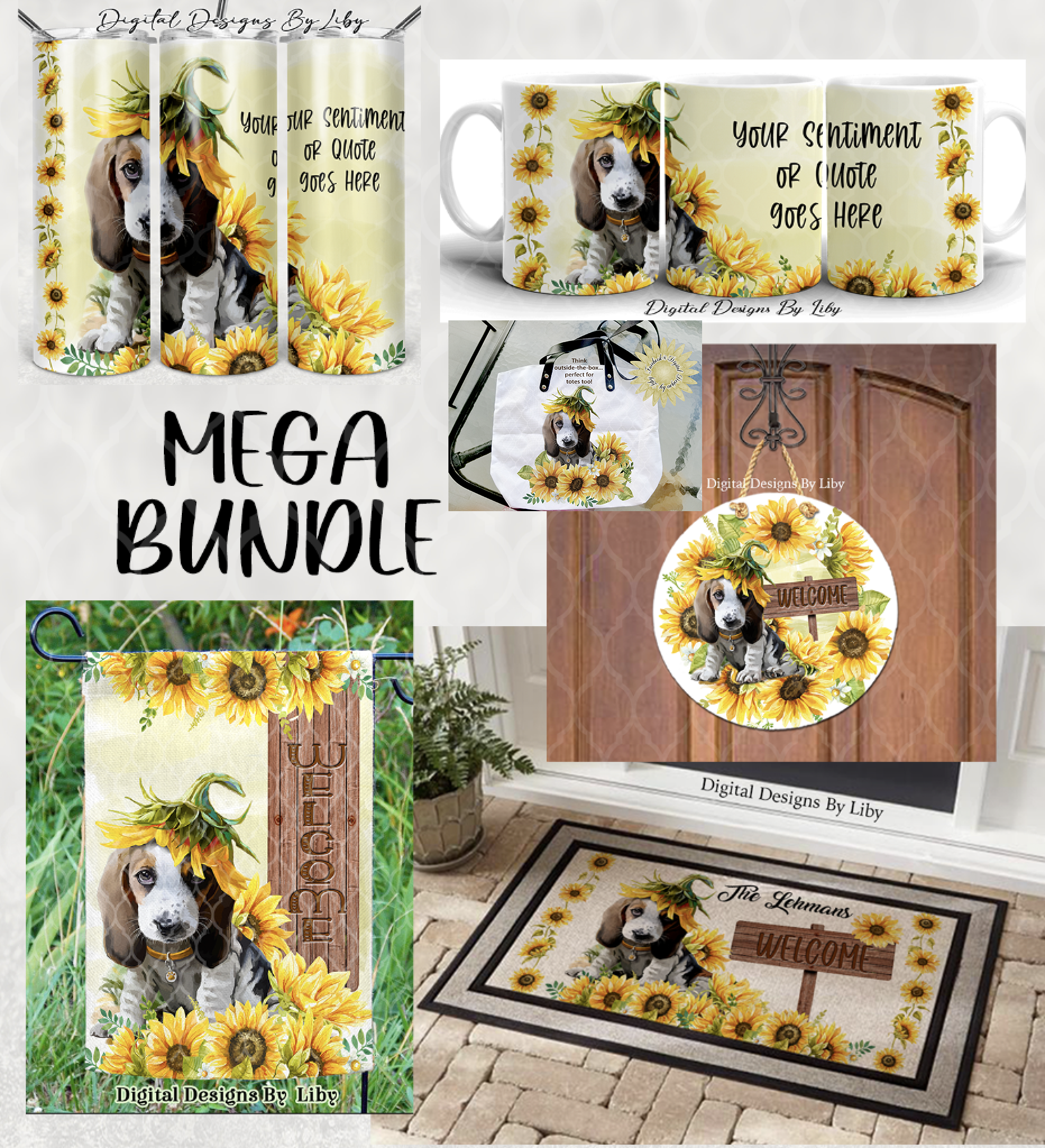 SUNFLOWER PUPPY BEAGLE MEGA BUNDLE (Skinny Tumbler, Mug, Door Mat, Garden Flag, Door Sign & More))