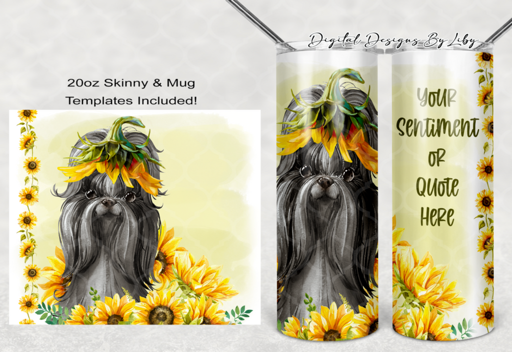 SUNFLOWER BLACK SHIHTZU MEGA BUNDLE (Skinny Tumbler, Mug, Door Mat, Garden Flag, Door Sign & More)