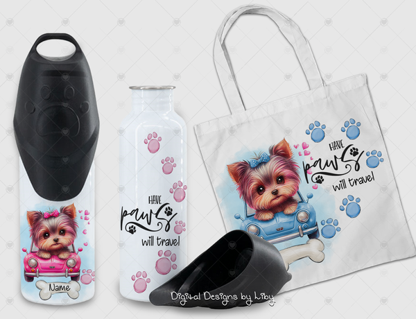 Have Paws Will Travel YORKIE Bundle (Tumbler, Tote & Doggy Shirt Designs)