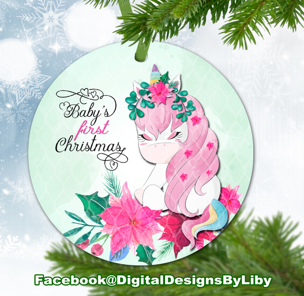 Unicorn Baby's First Christmas Ornament (Plus  FREE BONUS Mockup)